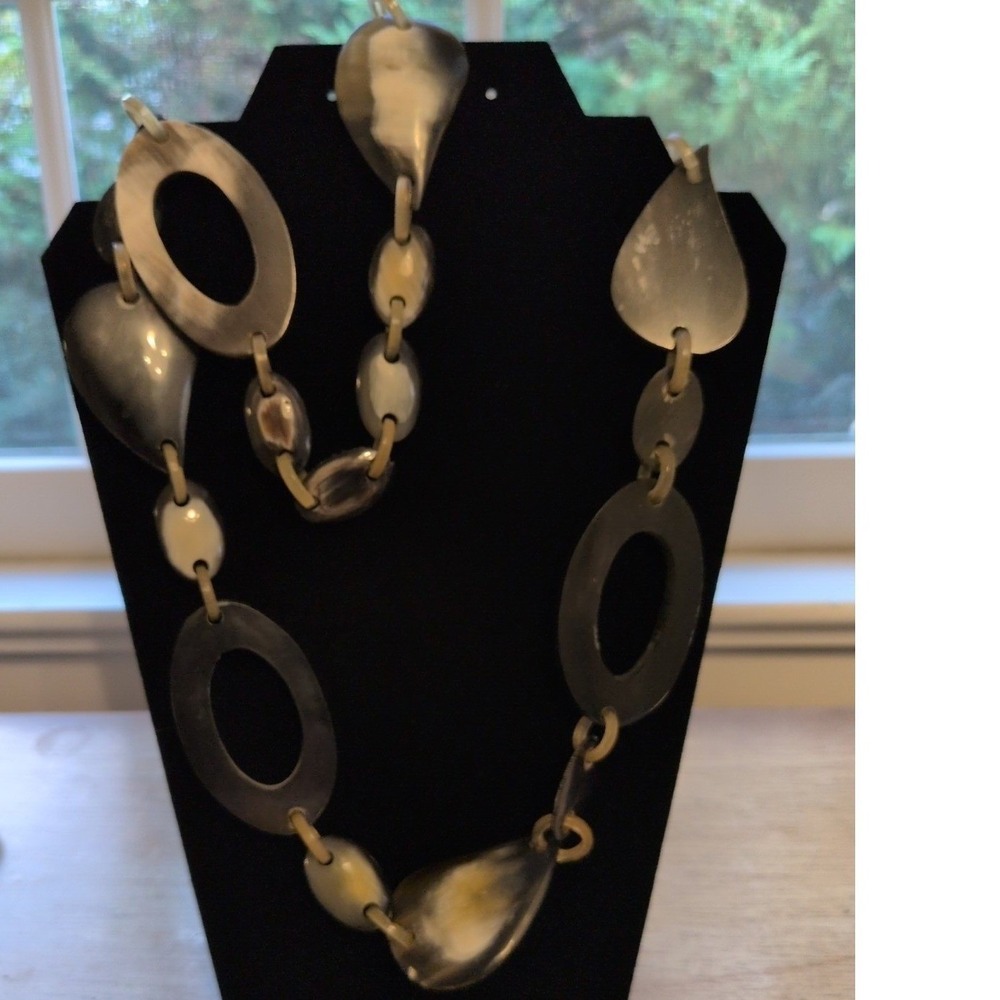 Natural Horn Chunky Link Statement Necklace Long 36 Inch Gray Cream Organic Boho
